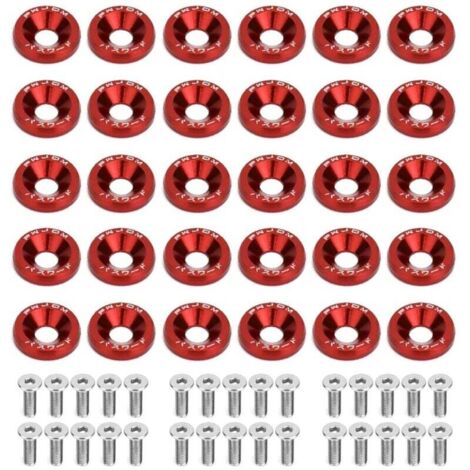 30 paia di rondelle in alluminio anodizzato M6 e viti in acciaio inossidabile M620mm, rondelle per carenatura in alluminio anodizzato, rondelle per paraurti per parafango auto (rosso) (1/4)
