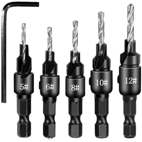 Set di 5 punte per trapano svasatore, gambo esagonale regolabile da 1/4", cambio rapido e sostituibile, con chiave esagonale per la lavorazione del legno. (1/4)