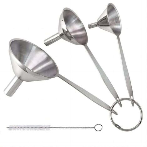 Lot de 3 entonnoirs de cuisine en acier inoxydable avec longs manches, mini entonnoirs en métal de qualité alimentaire pour le transfert d'huile et de liquides, faciles à nettoyer avec une brosse. (1/4)