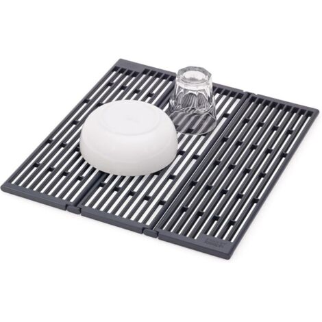Égouttoir pliable et amovible, adapté à une utilisation au-dessus de l'évier, évacue l'eau rapidement, conception pliable ajustable, fond antidérapant, couleur gris anthracite. (1/4)