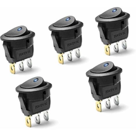 Interrupteur à bascule rond DC 20A 12V avec indicateur LED bleu, adapté aux applications automobiles et marines. (1/4)