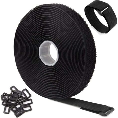 Attache-câble/sangle ajustable réutilisable noire de 5 mètres avec 25 boucles et fermeture Velcro pour la gestion des câbles (5 mètres x 2 centimètres, noire) (1/4)