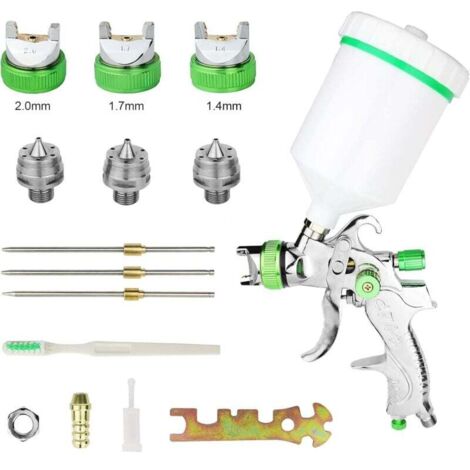 Pistolet à peinture pneumatique à gravité avec réservoir d'air de 600 cm³ et trois buses (1,4 mm, 1,7 mm, 2,0 mm). Outil professionnel idéal pour l'application d'apprêt, de vernis et de peinture. (1/4)