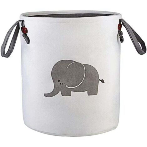 Panier de rangement rond pliable en coton, adapté aux chambres d'enfants, aux jouets, aux vêtements, aux tenues de bébé, aux paniers cadeaux (motif éléphant) (gris). (1/4)