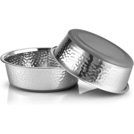 Deux gamelles pour chats en acier inoxydable martelé avec fond en caoutchouc antidérapant, compatibles lave-vaisselle, faciles à nettoyer, fond gris. (1/4)