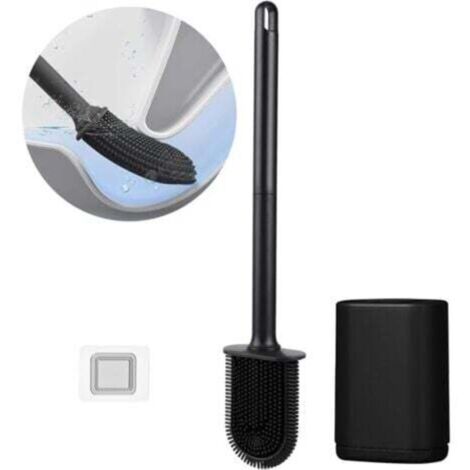 Brosse de toilette en silicone, brosse de toilette plate et flexible, brosse de toilette de salle de bain avec bac à poussière à séchage rapide, installation murale sans perçage, noire. (1/4)