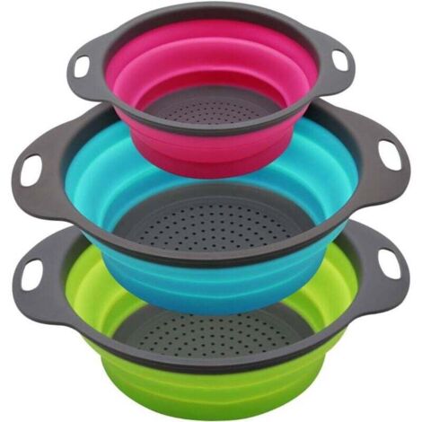 Ensemble de 3 filtres à eau pliables ronds en silicone - 2 x 4 pintes et 1 x 2 pintes - Parfait pour égoutter les pâtes, les légumes et les fruits (vert, bleu, violet) (1/4)