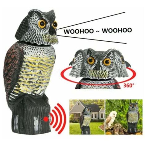 Épouvantail réaliste avec tête rotative, sons, motif hibou, appât anti-insectes, idéal pour les jardins et les terrasses. (1/4)