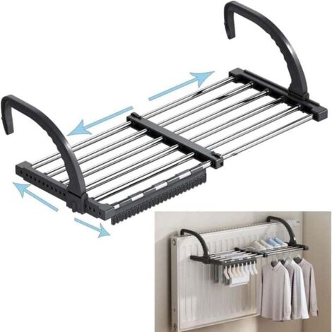 Étendoir à linge pliable en acier inoxydable pour balcon, radiateur ou mur, télescopique (longueur : 51-95 cm), avec étendoir à chaussettes coupe-vent. (1/4)