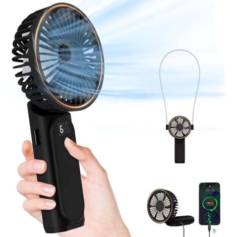 Ventilateur portable, batterie de 3600 mAh, orientable à 180°, 6 vitesses de ventilation, affichage de la batterie en temps réel, chargement USB, pliable et fonction de batterie externe incluse. (1/4)