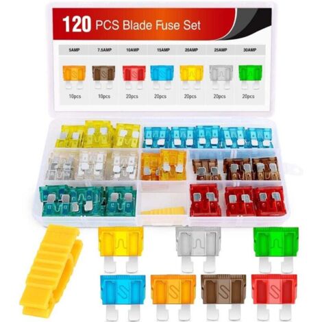 Jeu de 120 fusibles standard - 5, 7,5, 10, 15, 20, 25, 30 ampères - Fusibles à lames standard APR/ATO (ouvert)/ATC pour voitures, camions, véhicules marins et motos (1/4)