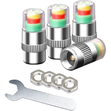 4 Pièces Bouchons Valve Pneu Voiture, Couvercle Poussière Valve Pneu, Moniteur Pression Pneu, Indicateur de Capteur d'Avertissement de Sécurité à 3 Couleurs, avec Écrou et Clé (1/4)