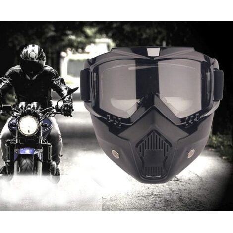 Masque de Lunettes de Moto avec Masque Amovible, Masque de Motocross pour Motos avec Lunettes Amovibles et Filtre à Bouche pour Casques Vintage (Monture Noire, Verres Gris) (1/5)