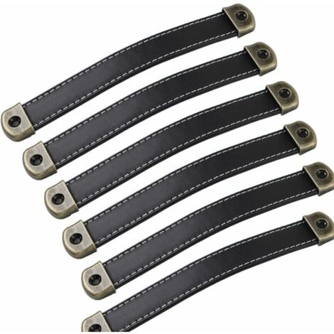 Lot de 6 Poignées de Meubles en Cuir Vintage Noir pour Cuisine Entraxe 160 mm (1/4)