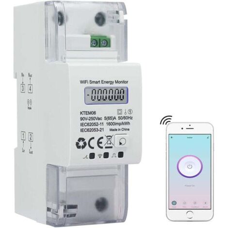 Compteur d'Énergie Monophasé WiFi Rail Din AC 5(65)A 90-250V Wattmètre Consommation Électrique KWh (1/4)