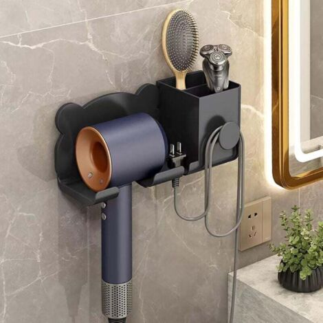 Porte Sèche Cheveux Mural Avec Support Prise Et Rangement Pour Salle De Bain Chambre Hôtel Noir