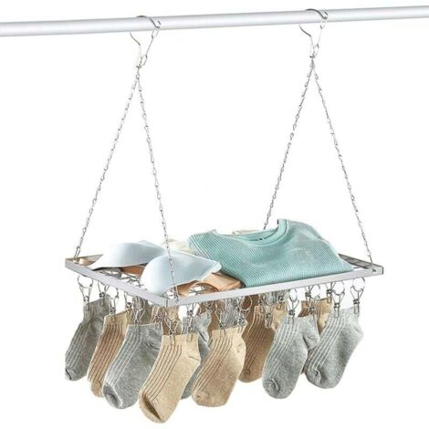 Étendoir À Linge Avec Panier 18 Pinces Acier Inoxydable Pour Chaussettes Soutiens-Gorge