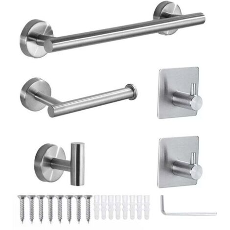 Ensemble Salle De Bain 5 Pièces Porte Serviettes Porte Papier Crochet Adhésif Multifonction Argent (1/4)