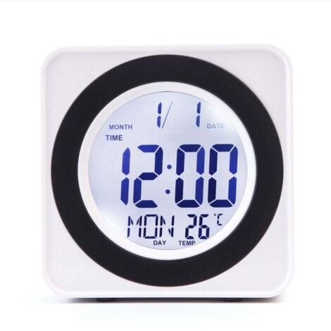 Horloge Murale Électronique Carrée LCD Rétroéclairage Commande Vocale Thermomètre Calendrier Affichage Blanc (1/4)