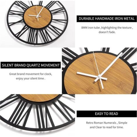 Horloge Murale Ronde en Bois Noir 33 cm Chiffres Romains Rétro