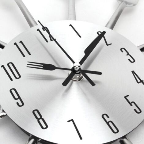 Horloge De Cuisine Effet Miroir Avec Couverts 3D - Décoration Murale Argent Métallique 32x32x4cm