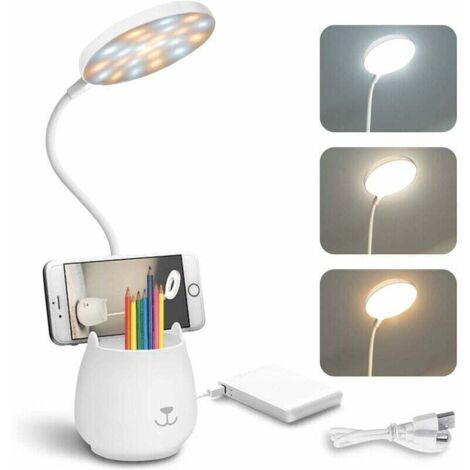 Lampe Bureau LED Rechargeable Sans Fil Avec Support Téléphone Porte Stylo Lumière Tactile Ajustable Pour Chambre Enfant