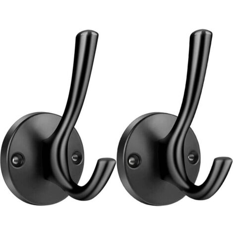 Lot De 2 Patères Doubles Robustes Pour Vêtements Serviettes Salle De Bain Cuisine Placard Porte Fixation Murale Noir (1/4)