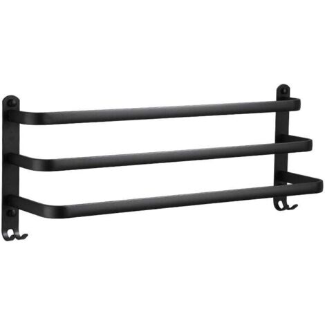Porte Serviettes Mural 3 Niveaux Aluminium Noir Étanche Avec Crochets Salle De Bain Cuisine 60 Cm (1/4)