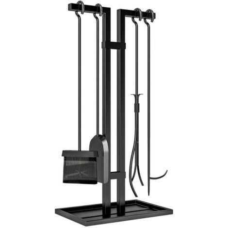 Ensemble Serviteur Cheminée 5 Pièces Balai Pelle Pince Tisonnier Support Métal Noir (1/4)