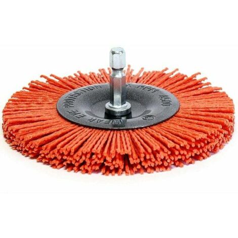 Cepillo de lijado para madera, para destornillador/taladro. Cepillo circular de 100 mm de nailon agresivo con vástago hexagonal de 6,35 mm (1/4") Carivent. (1/4)