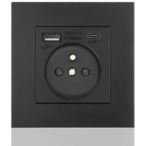 Französisches Typ-C+USB16A Typ 86-Steckdosenfeld, Anzahl der Steckdosen: 2 Löcher, Anzahl der USB-Anschlüsse: 1, Anzahl der Typ-C-Anschlüsse: 1, sicher und fest (schwarzes Quadrat) (1/4)