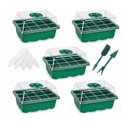 Mini-Gewächshaus für Pflanzen, 5 Stück, 12 Zellen, Setzlingsschale für den Innenbereich, Setzlingsschale, Anzuchtkasten mit robustem Deckel und Belüftung (1/4)