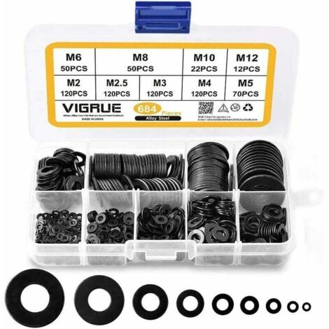 Surtido de 684 arandelas planas de acero inoxidable 304, M2, M2.5, M3, M4, M5, M6, M8, M10 y M12 para juntas de sellado de tornillos. Incluye caja (negra). (1/4)