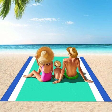 Strandmatte 200 x 210 cm, sanddichtes Strandtuch, wasserdichte Bodenmatratze mit 4 Heringen, faltbare Picknickdecke, Strandzubehörkorb, Outdoor-Gartenmatte, 4–6 Personen (1/4)