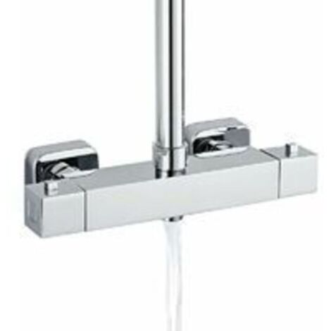 Brause-Einlochbatterie, Thermostat-Brausebatterie 2 Verbraucher, 3/4 (26,4 mm) Abgang oben und 1/2 (21 mm) Abgang unten, eckig, Messing, Chrom (1/4)