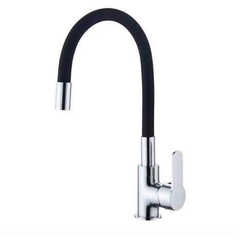 Flexibler Küchenhahn, hoher Schwenkauslauf, frei flexibler Spültisch-Mischbatterie, Chrom und Schwarzmessing, Einloch-Spültischarmatur, Warm- und Kaltwasser (1/3)
