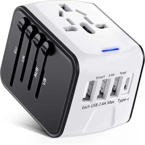 Reiseadapter, Universalsteckeradapter mit Typ C + 3 USB-Anschlüssen und AC-Steckdose, Multi-Country-Adapterstecker MNS (1/4)