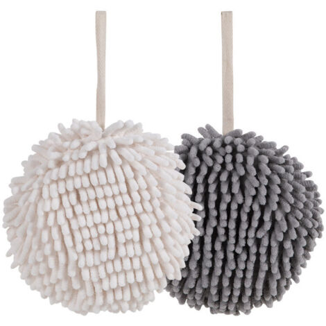 Fuzzy Ball Handtuch-Sets aus 2 Weiß und Grau – Trocknen Sie Ihre Hände sofort und bequem mit diesem kreativen Badetuch-Set. Dekorative Handtücher für das Badezimmer, 2er-Pack (1/4)