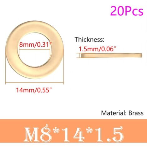 20 Stück Flache Unterlegscheibe, 8 mm x 14 mm, Kreisförmige Dichtungsscheibe, Ringscheiben, Messing-Flachscheibe zur Schraubenabdichtung (1/4)