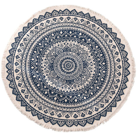 MINE Indischer Mandala-Wohnzimmerteppich aus Baumwolle im Boho-Stil mit Quasten, handgewebte runde Fußmatten, geeignet für klassische Schlafzimmerteppiche (1/4)