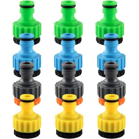 12-teiliger Universal-Küchenhahnadapter, 1/2" und 3/4" Kunststoff-Gartenschlauchanschluss, Einschraub-Schlauchhahnanschluss mit Gewinde (1/4)