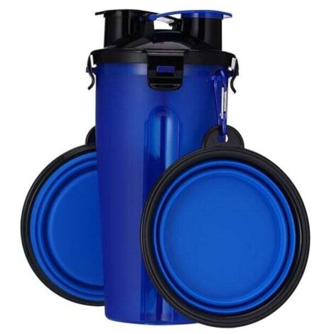 Hunde-Wasserflasche mit 2 zusammenklappbaren Näpfen, tragbare 2-in-1-Wasserflasche und Futterbehälter für Hunde, Katzen, Haustiere, Reiseflasche zum Spazierengehen, Trainieren, Wandern, Camping (blau) (1/4)