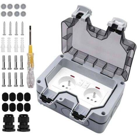 Wasserdichte Außensteckdose mit Schalter und Kontrollleuchte, doppelte wasserdichte Steckdose nach französischem Standard, Einbausteckdose, AC250V/16A für Küche, Bad, Garten, Wandsteckdose, wasserdich (1/4)