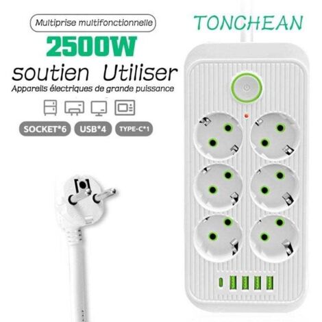 Multiprise Electrique,Bloc 6 Prises 2500W 10A 230V avec 4 Ports Chargeur (4 USB A+1 USB C) Prise Multi Parasurtenseur Parafoudre et Surtension avec Interrupteur Cable 2m-Blanc