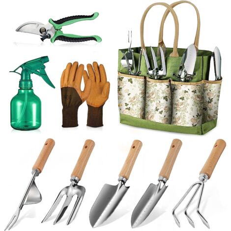 Kit de 9 outils de jardin en acier inoxydable avec manche en bois (1/4)