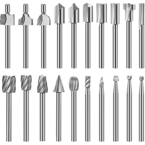 Jeu de 10 mèches gravure carbure HSS + 10 mèches toupie 3 mm pour outils rotatifs bois et sculpture (1/4)