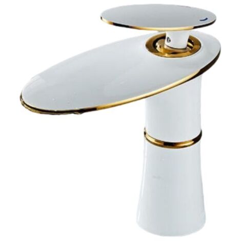 Mitigeur Lavabo Salle de Bain en Laiton Monocommande Design Cascade Blanc et Or (1/4)