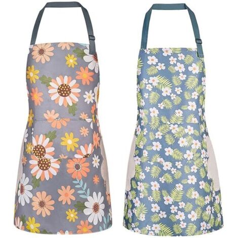 Lot de 2 tabliers floraux avec poches pour femmes, imperméables et réglables, pour la cuisine, le jardinage et le salon (1/4)