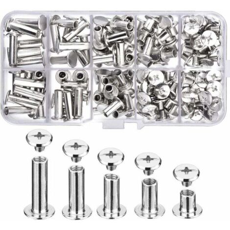 80 Ensemble Chicago Vis Assortiment Kit 5 Tailles Vis à Tête Croix Ronde en Métal Post Chicago Vis Bouton pour DIY Reliure de Décoration en Cuir (1/4)