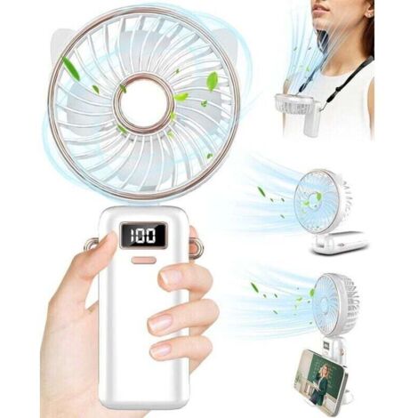 Mini Ventilateur Portable,Ventilateur Main USB Rechargeable Silencieux 5 Vitesse,Petit Ventilateur Portatif Bureau avec Base ,Hand Fan Electrique Pour Exterieur,Voyage-Blanc